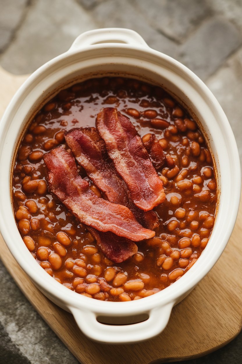 An indoor crock of baked beans with visible bacon strips on top, sauce thick and glossy; photo only, no text or logos.