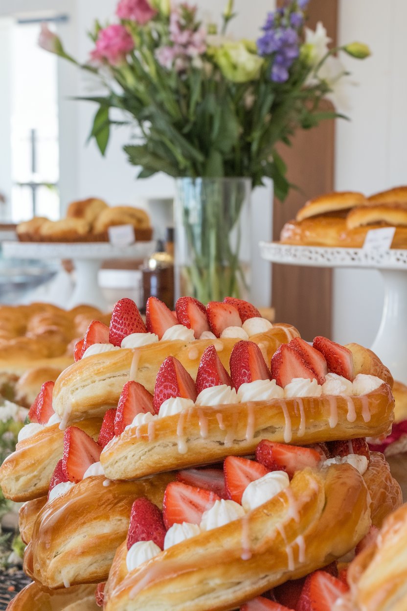 An indoor bakery counter showing flaky Danish pastries filled with cream cheese and sliced strawberries, glaze drizzled on top. Photo, no text or logos.