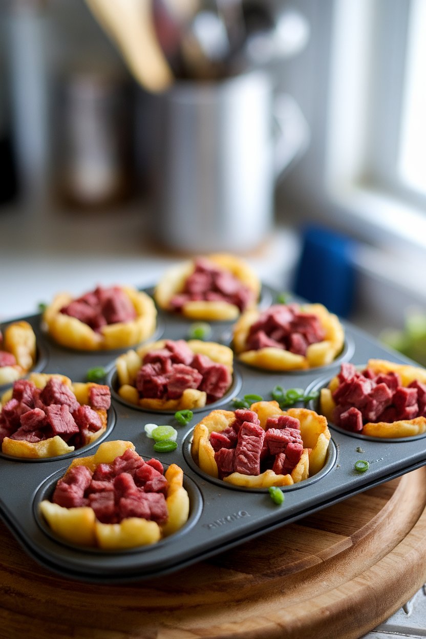 Indoor photo of muffin-tin hash cups with crispy potato edges and diced corned beef center, no text or logos