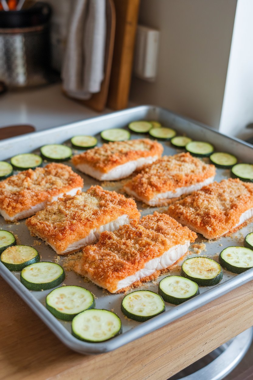 Sheet pan inside a kitchen with breaded tilapia fillets sporting a golden Parmesan crust, surrounded by zucchini coins. No logos or text.