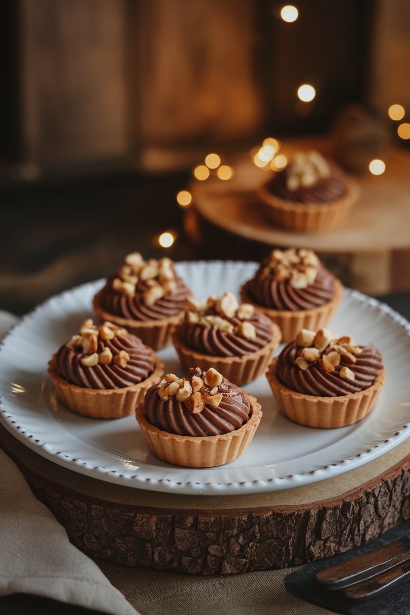Photo of mini tart shells filled with chocolate hazelnut mousse, topped with chopped toasted hazelnuts, indoor mood lighting. No text or logos.
