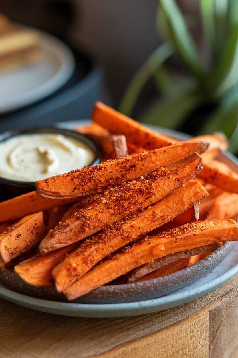 Indoor plate of roasted sweet potato fries dusted with Cajun seasoning, a side of smoky aioli for dipping. No text or logos.