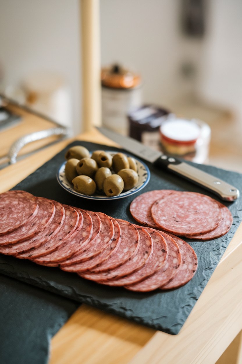 Indoor slate board with thin slices of truffle-infused salami, no text or logos