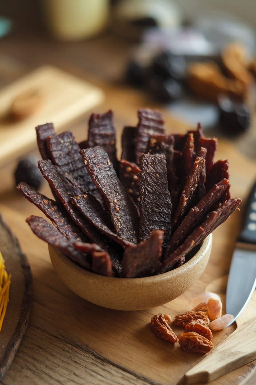 Indoor bowl of dark, glossy strips of teriyaki beef jerky on a wooden table. No logos or text.