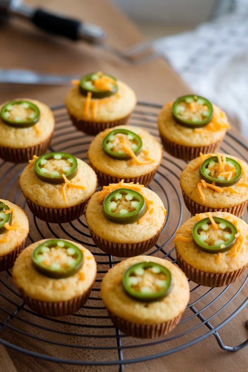 Indoor photo of mini cornbread muffins studded with jalapeño rings and cheddar, cooling on a wire rack. No text or logos.