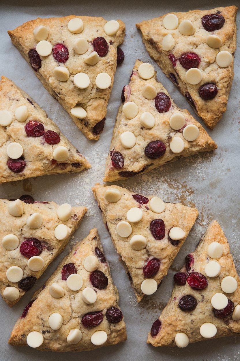 Indoor photo of triangular scones studded with cranberries and white chocolate chips on a baking sheet, no text or logos