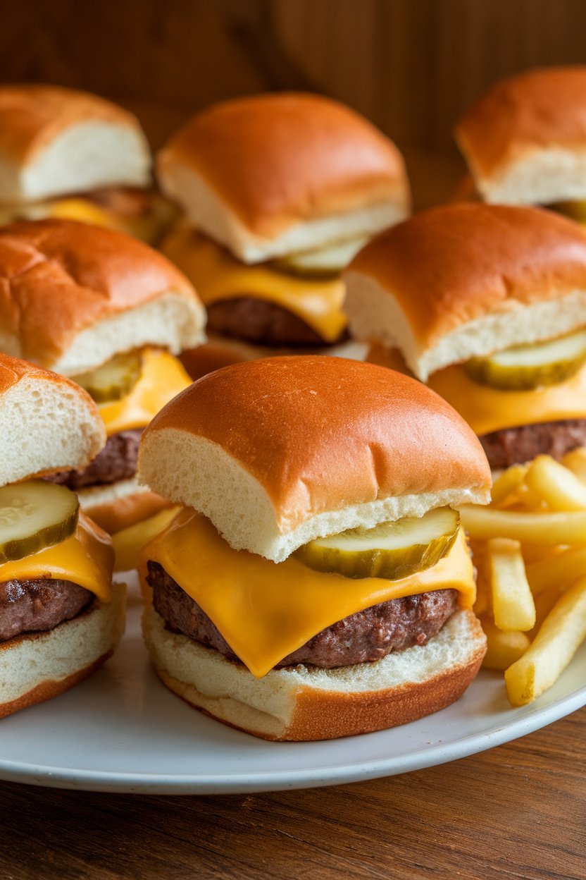 Indoor photo of mini cheeseburgers with melted American cheese and pickle slices on brioche slider buns; no text or logos