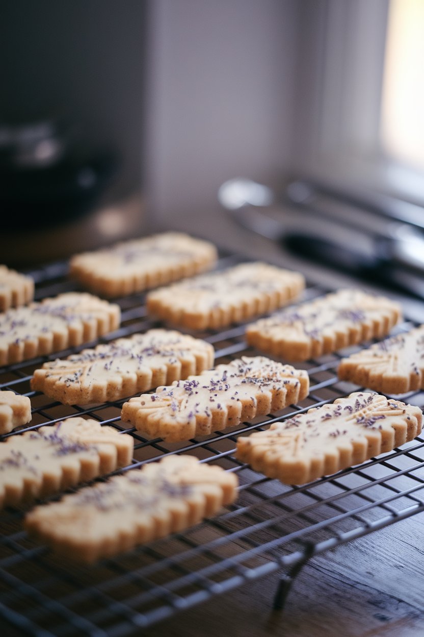 Indoor photo of pale lavender-speckled shortbread fingers on a cooling rack, gentle afternoon light. Photo, no text or logos.