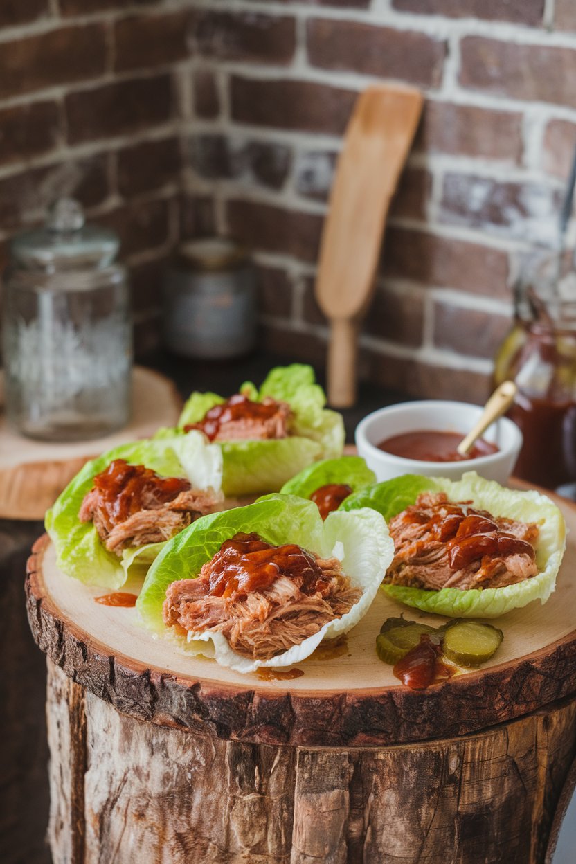 An indoor serving board with butter lettuce leaves filled with saucy pulled pork and pickles; bowl of sugar-free BBQ sauce nearby, no text or logos.