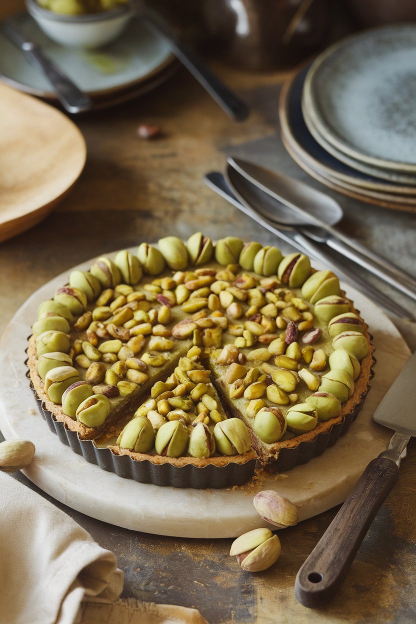 A rustic indoor table with a sliced pistachio frangipane tart, green filling nestled in a dark tart shell, garnished with whole pistachios. No text or logos.