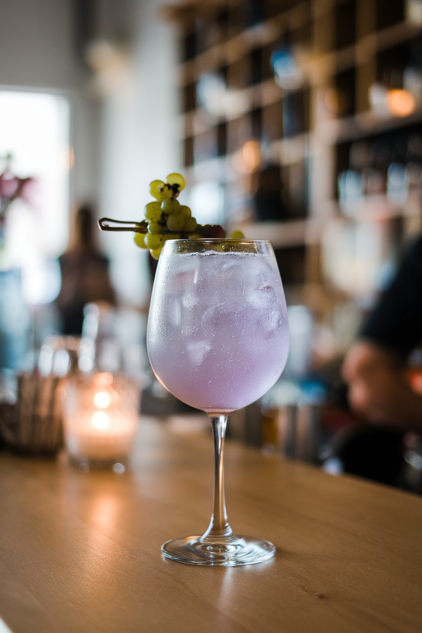 An indoor wine bar scene with a stemmed white-wine glass of pale lavender grape mocktail, tiny bubbles visible. No logos or text. Photo.