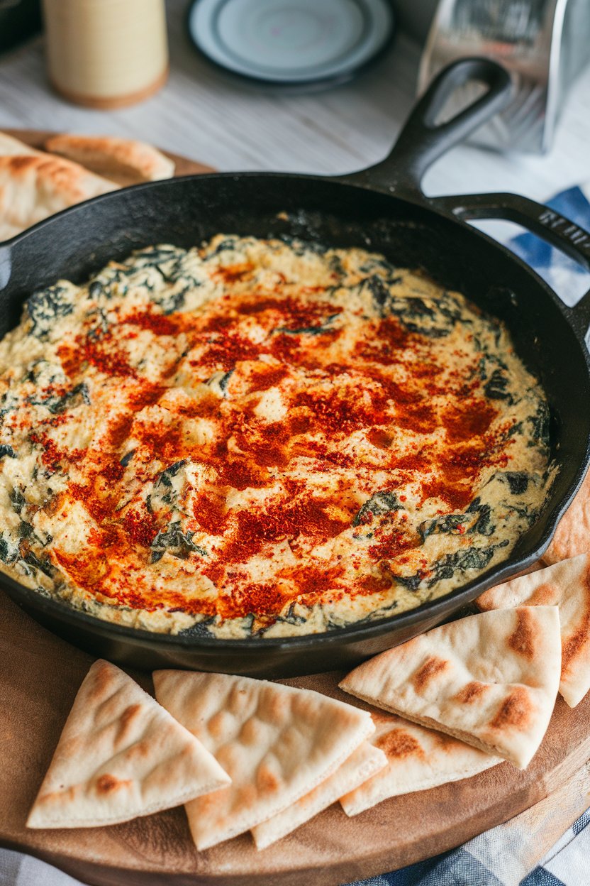 Indoor photo of a cast-iron skillet filled with bubbling spinach-artichoke dip flecked with red Cajun spices, with pita wedges nearby; no text or logos