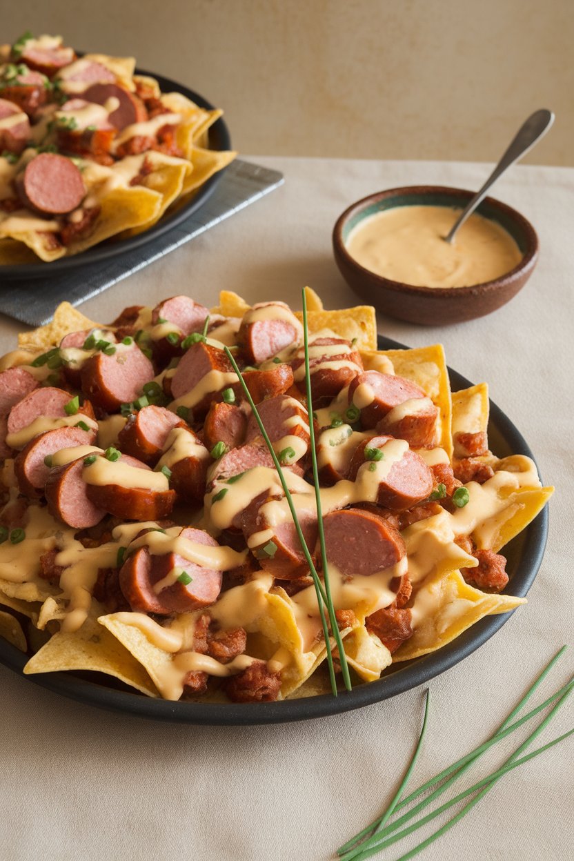 Indoor table showcasing nachos topped with sliced bratwurst, beer cheese sauce, and chives; no text or logos, photo not illustration.