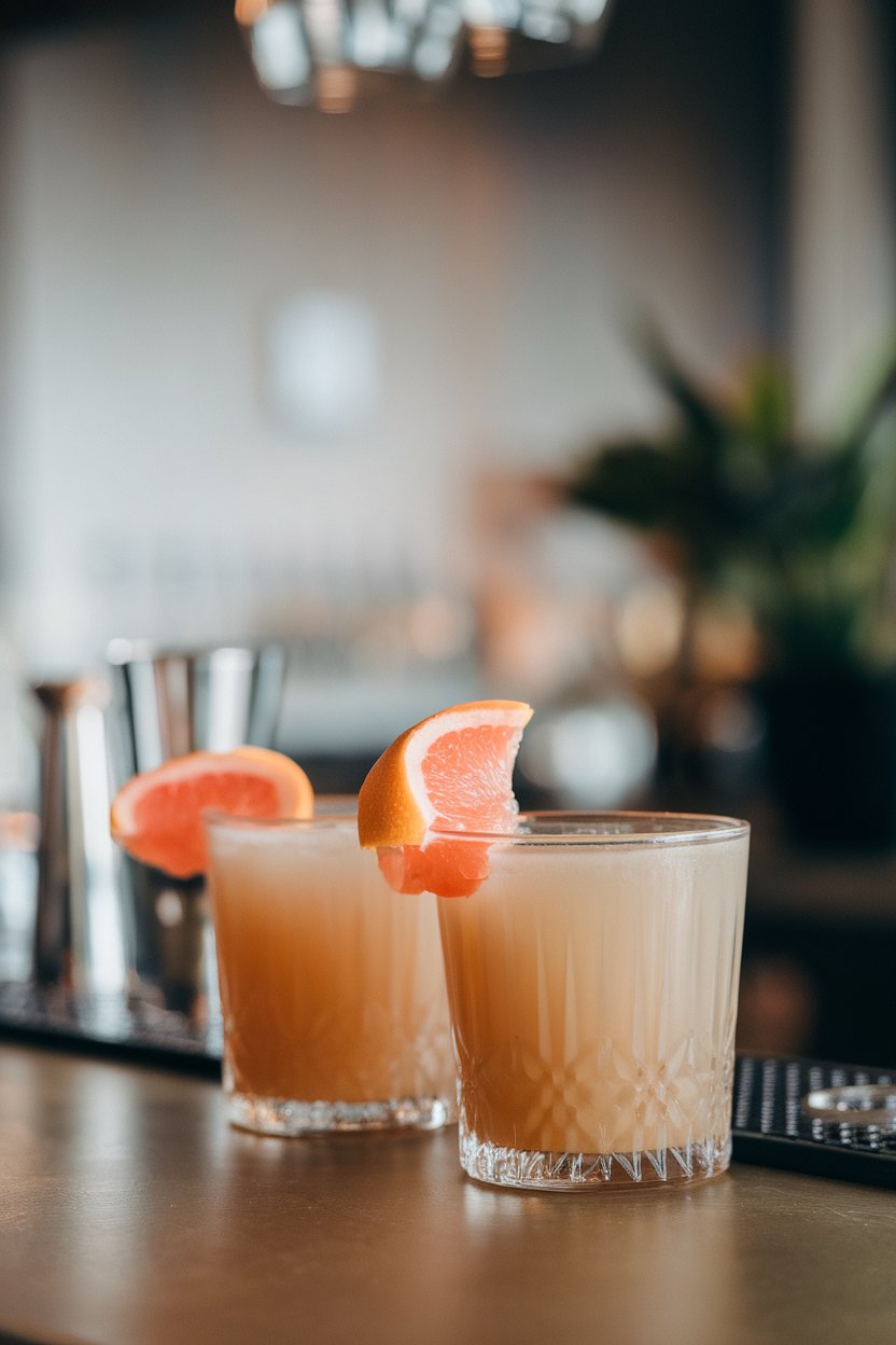 Indoor bar top featuring a coupe of light brown Derby cocktail, grapefruit twist balancing on rim, no text or logos. Photo only.