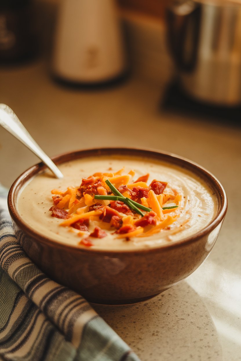 An indoor countertop with a bowl of creamy baked potato soup topped with cheddar, bacon bits, and chives. No logos or text. Photo.