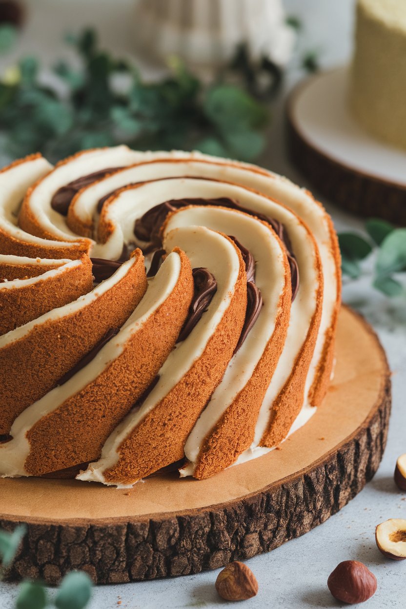 Indoor tabletop shot of an iced king cake with chocolate-hazelnut spread peeking from spirals; scattered hazelnuts nearby; no text or logos.