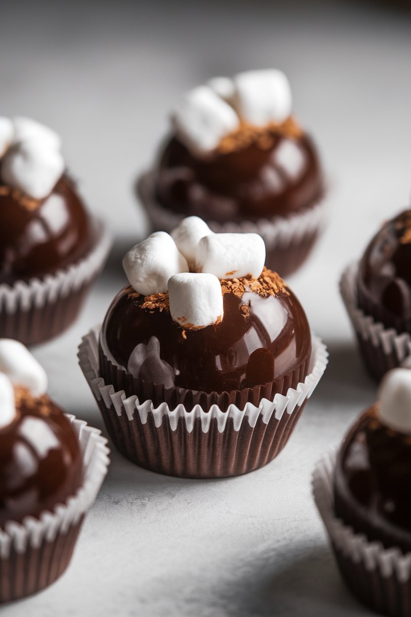 Indoor photo of glossy chocolate spheres filled with cocoa mix and mini marshmallows, resting in cupcake liners. No text or logos.