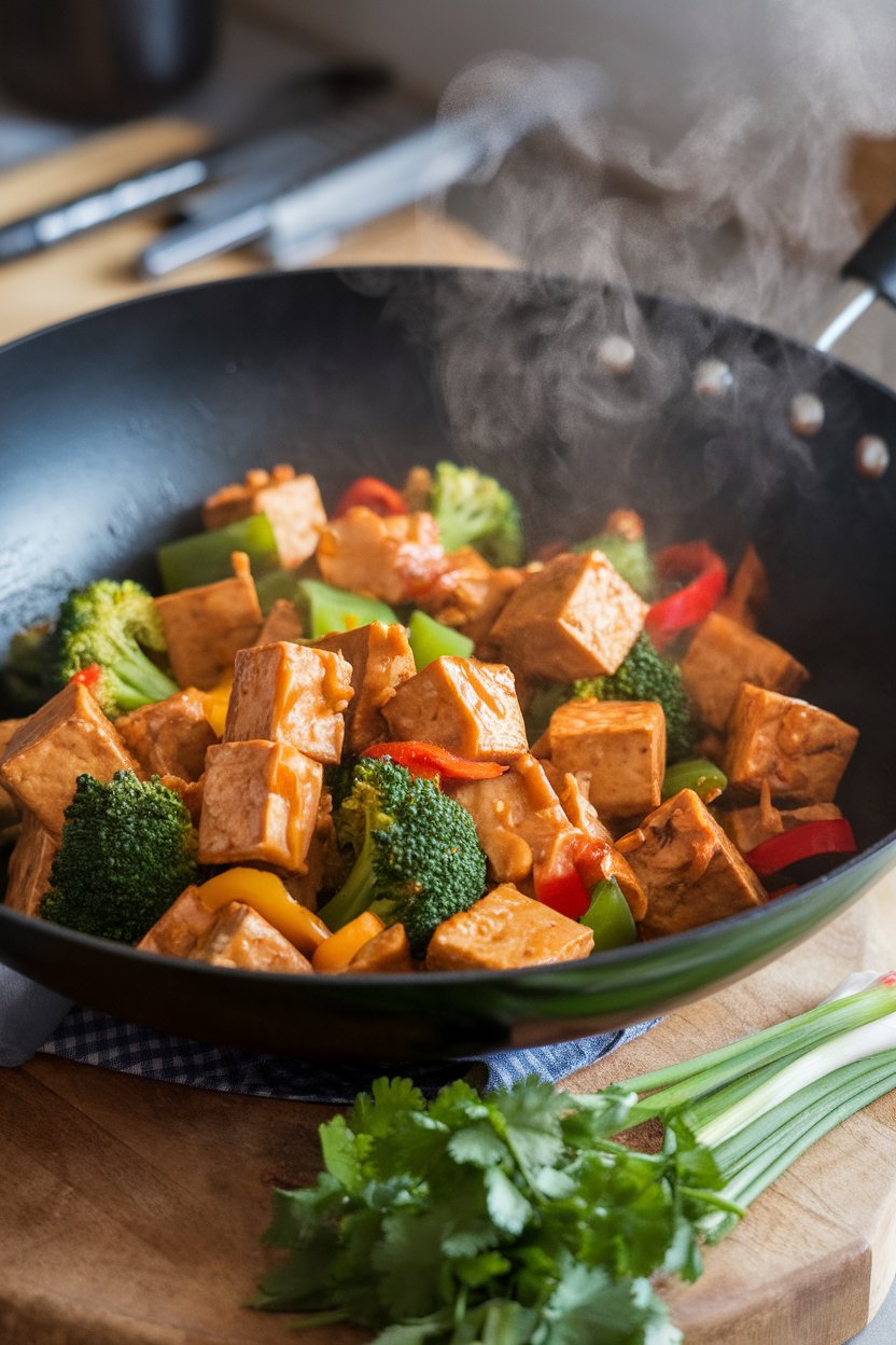 An indoor wok shot showing cubed tofu, broccoli, and bell peppers coated in a glossy ginger-soy glaze, steam releasing upward. No logos or text in view.