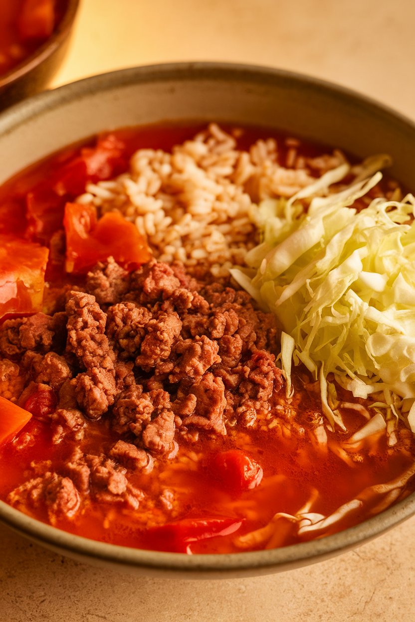 Indoor photo of a chunky tomato broth with ground beef, rice, and shredded cabbage in a wide bowl; no logos or text.