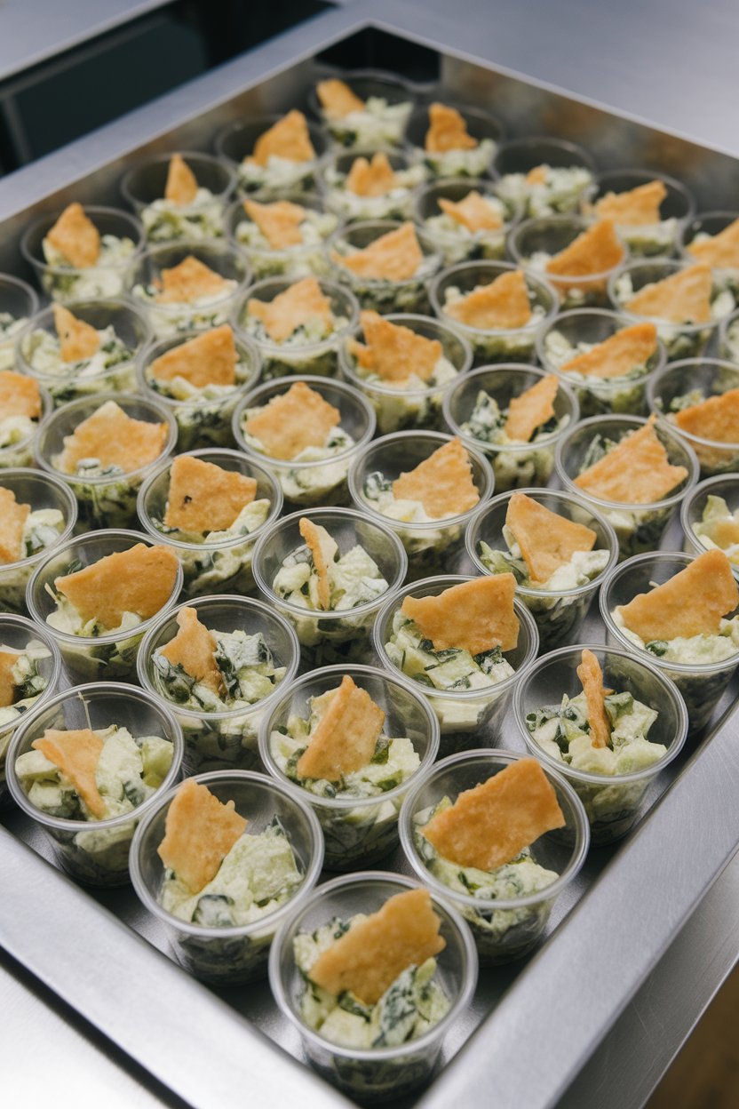 An indoor tray of small clear cups each filled with chopped Caesar salad and a Parmesan crisp sticking out—no text or logos. Photo, not illustration.