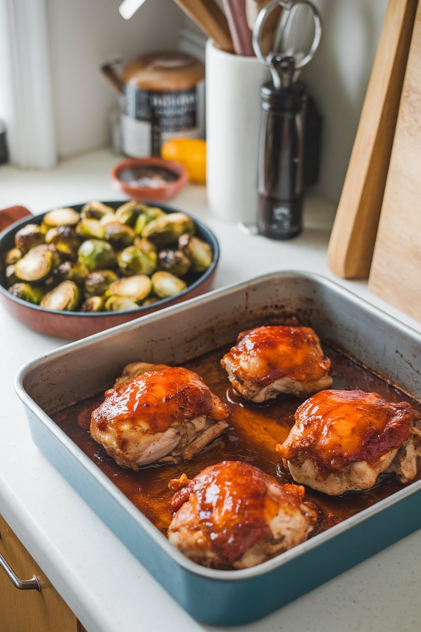 Indoor kitchen counter with a baking dish of glazed chicken thighs, roasted Brussels sprouts alongside. No text or logos present.