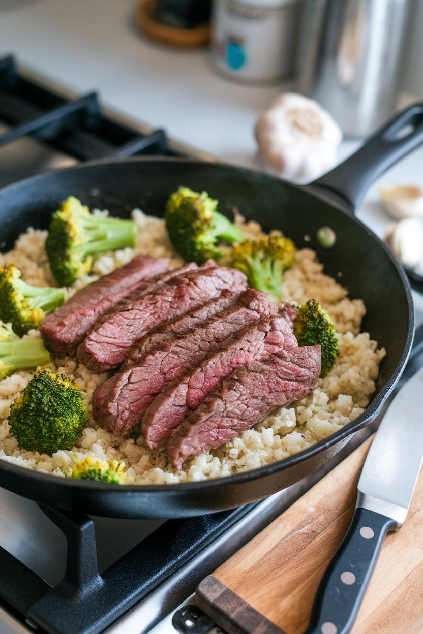 An indoor stovetop scene with a skillet of cooked lean beef strips and broccoli florets served over cauliflower rice. No logos or text anywhere.