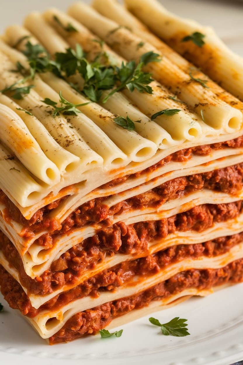 Indoor photo of a lasagna-style pastitsio layered with tubular pasta, cinnamon-spiced meat sauce, and thick béchamel, cut to show layers. No text or logos.