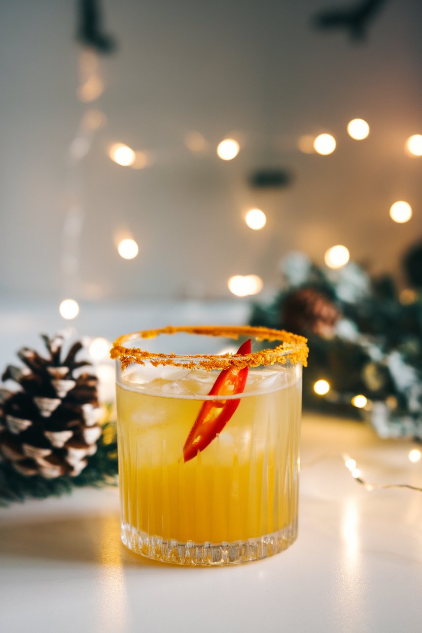 An indoor festive bar with double rocks glass of bright yellow cocktail, Tajín-rimmed, thin chili slice inside; photo, not illustration; no text or logos.