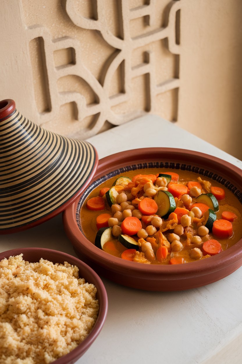 An indoor table set with a shallow bowl of vegetable tagine—carrots, zucchini, chickpeas—in a saffron-colored sauce beside fluffy couscous. No text or logos. Photograph.