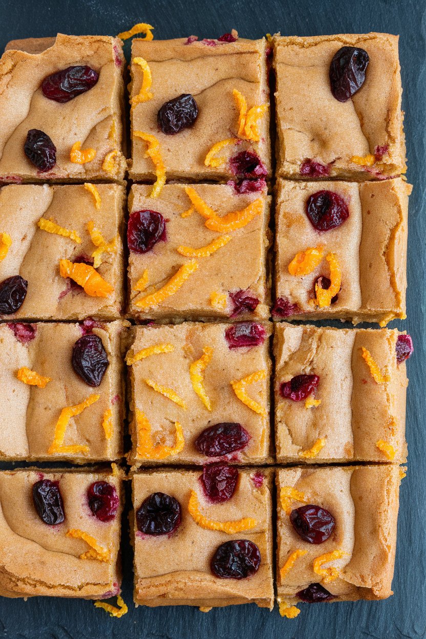Indoor slate board with squares of blondies studded with dried cranberries and flecks of orange zest. No text or logos; photo, not illustration.