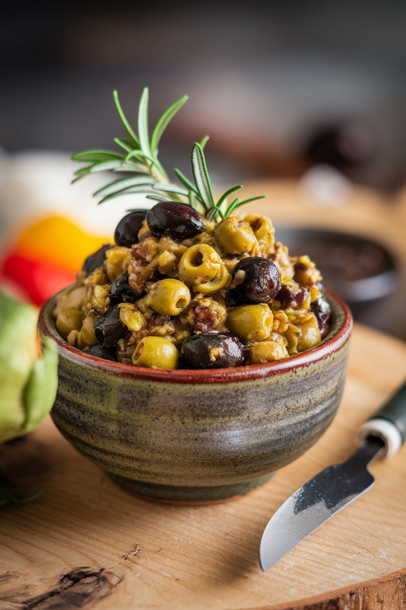 Indoor ceramic bowl of black and green olive tapenade with rosemary sprig garnish, small spreader knife alongside. Photo, no text or logos.
