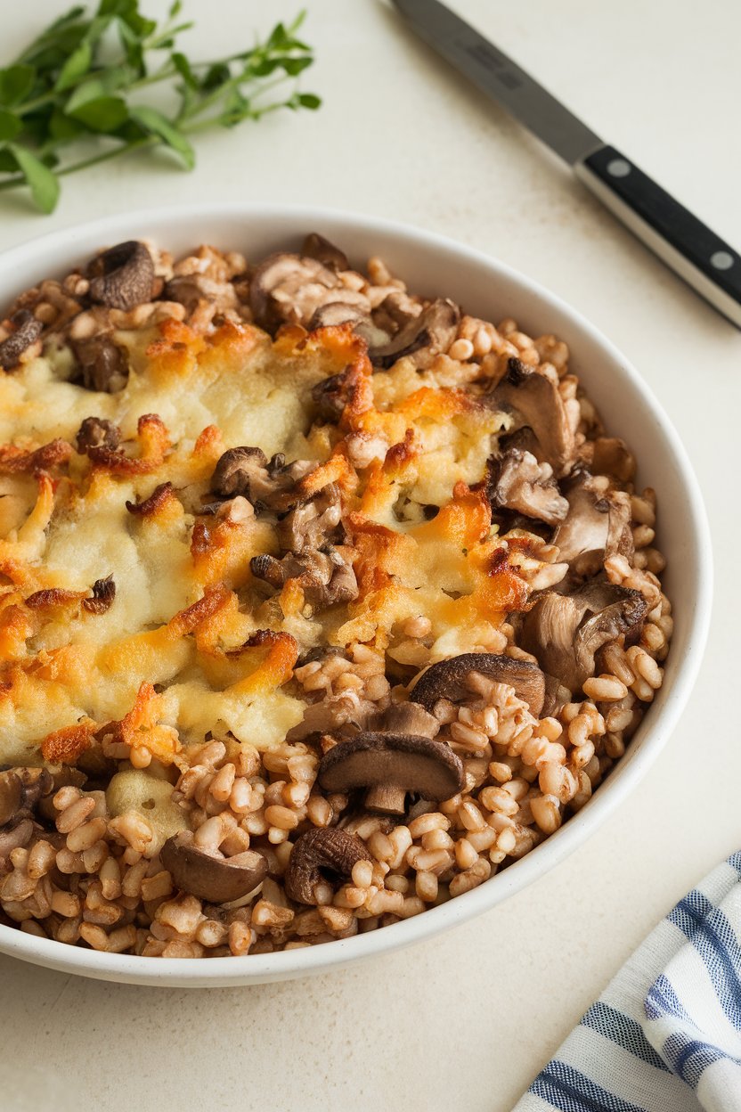 Indoor photo of farro mixed with assorted wild mushrooms and Gruyère, baked until cheese is golden and edges caramelized. No text or logos.