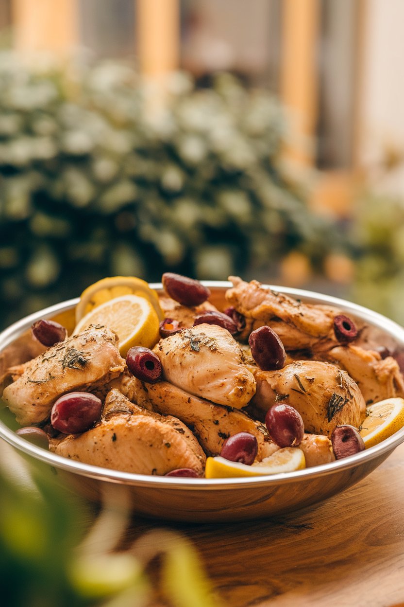 Indoor shallow bowl of chicken pieces dotted with kalamata olives, lemon slices, and oregano. Photo only.