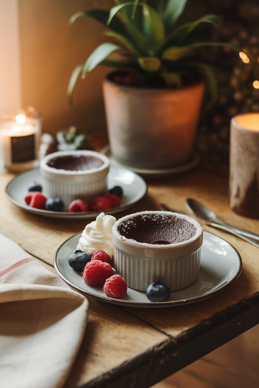 A warmly lit indoor dining table with two individual chocolate lava cakes in ramekins, centers just cracked to reveal flowing chocolate. Photo, no text or logos.