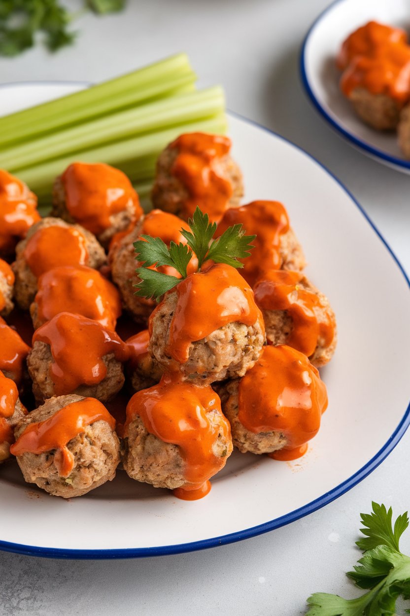 Indoor photo of turkey meatballs coated in bright Buffalo sauce on a white platter with celery sticks; no text or logos.