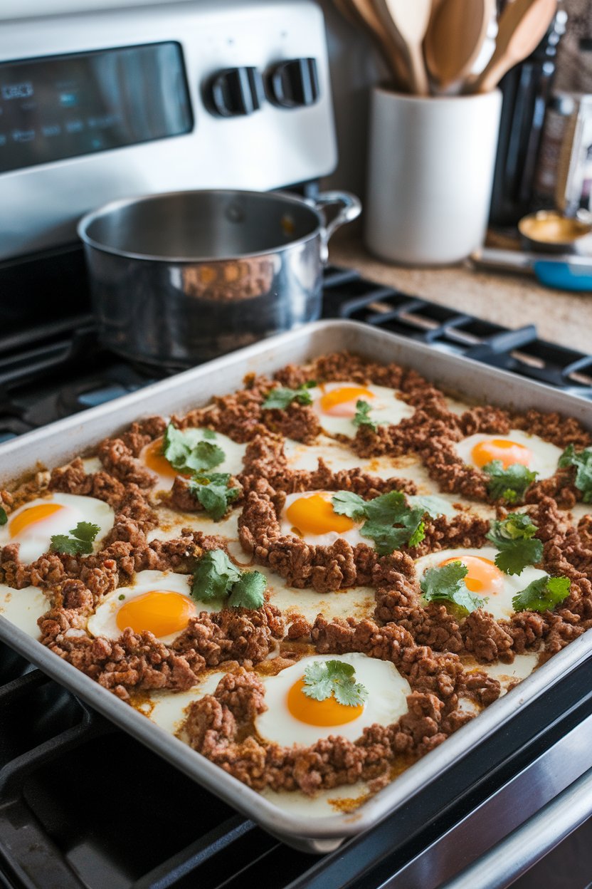 A sheet pan inside a home kitchen with baked eggs nestled in ground lamb seasoned with cumin, coriander, and harissa, garnished with cilantro. No text or logos.