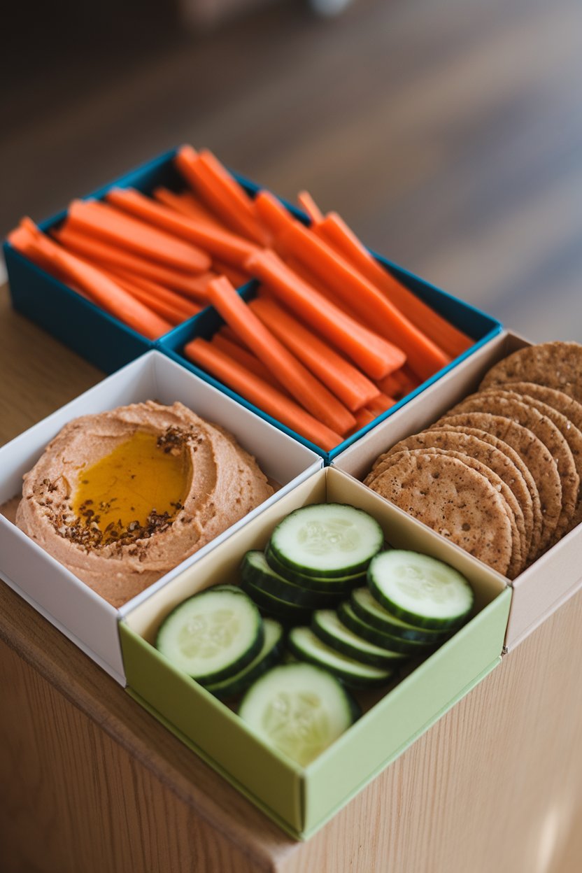 Indoor photo of divided boxes holding hummus, carrot sticks, cucumber coins, and whole-grain crackers, no logos.