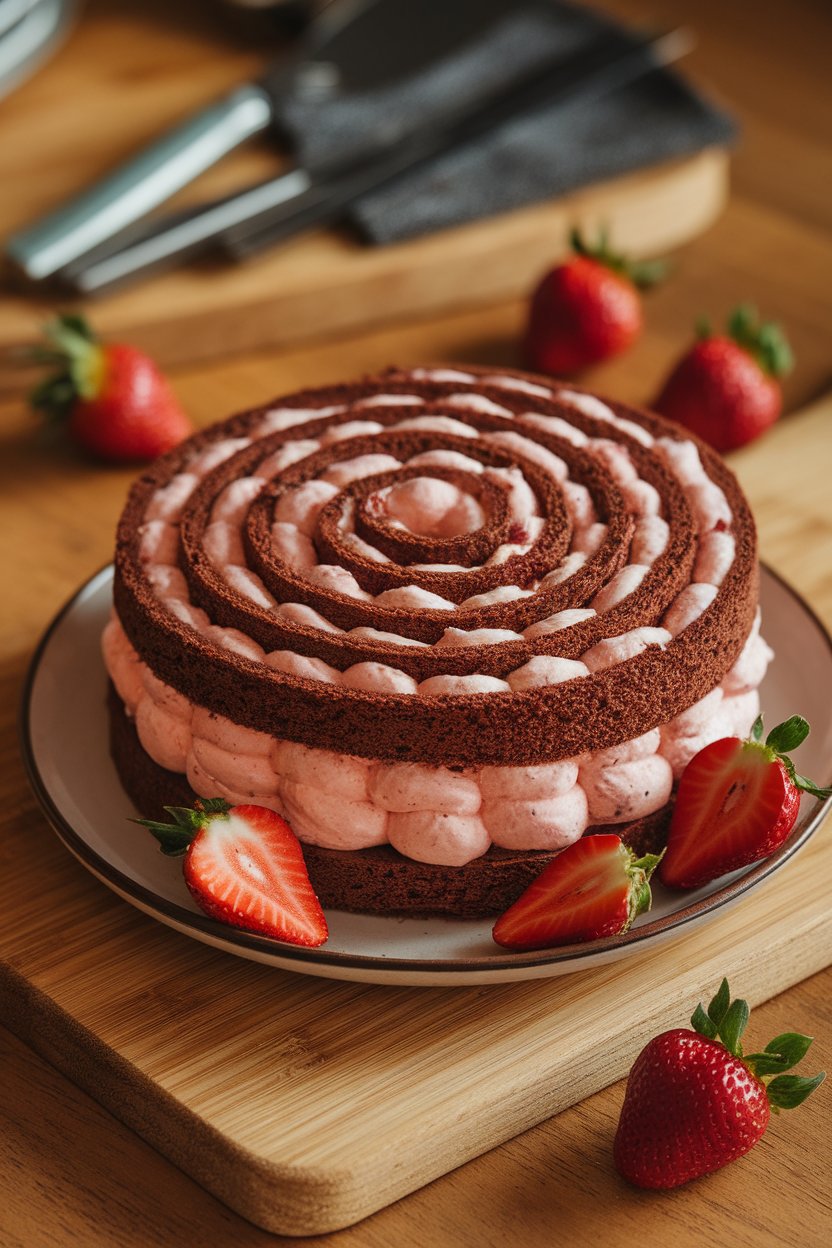 An indoor cutting board with spiral slices of chocolate sponge cake filled with strawberry whipped cream. Photo, no text or logos.