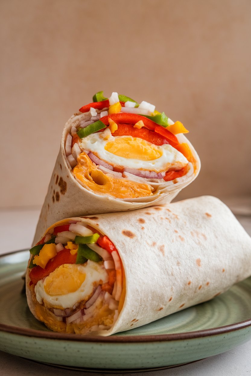 Indoor burrito half placed upright showing colorful bell peppers, onions, egg, and cheese, no brand marks.