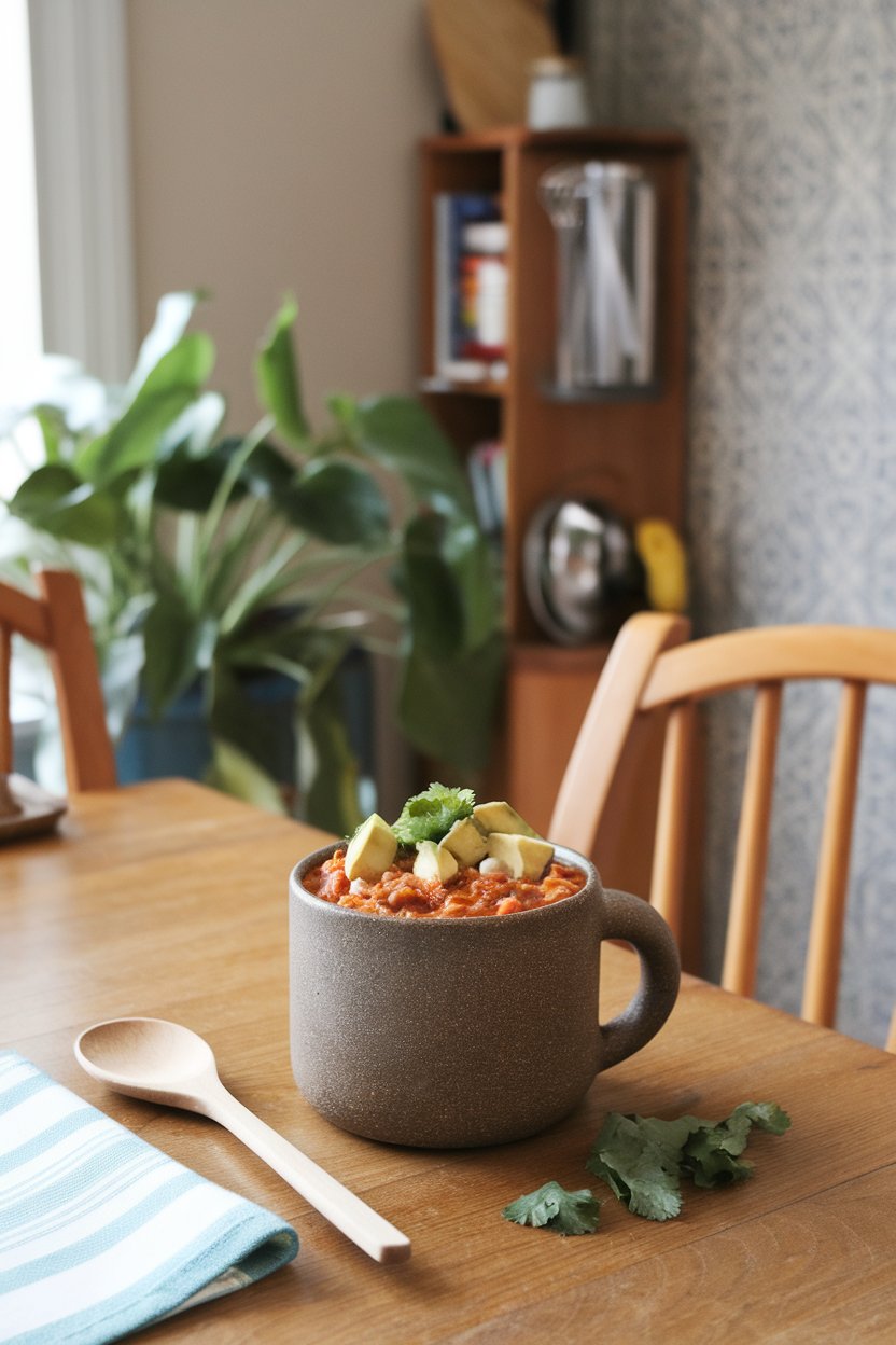 Cozy indoor kitchen scene showing a stoneware mug of hearty turkey chili with white beans, topped with avocado cubes and chopped cilantro. No text or logos anywhere.