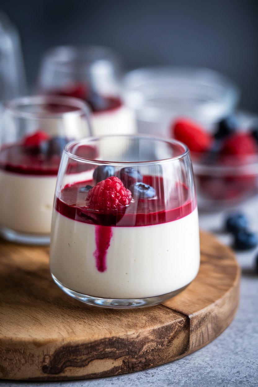 Indoor photo of clear glasses holding creamy white panna cotta topped with vibrant berry coulis, set on a wooden board. No text or logos.