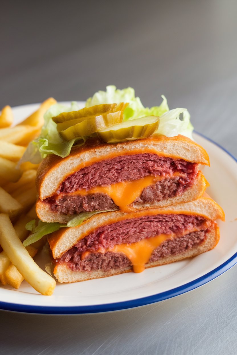Indoor plate with a sliced burger revealing molten cheddar center, lettuce and pickles on the side. No text or logos.