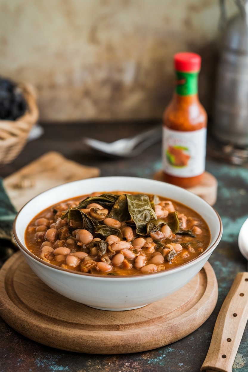 An indoor bowl of thick black-eyed pea stew with ribbons of collard greens, hot sauce bottle blurred in background. No text or logos.
