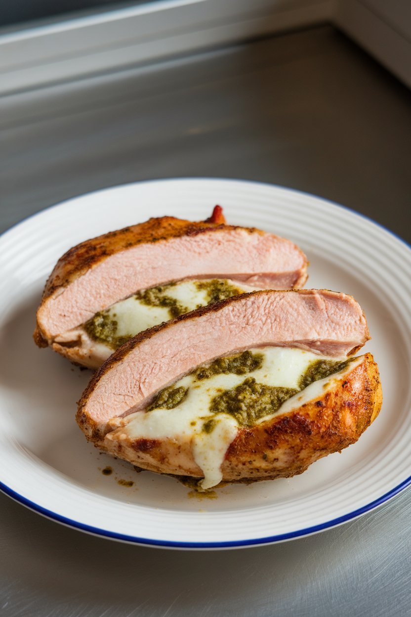 Photo of chicken breasts sliced open to reveal melty mozzarella and pesto filling, served on a white plate indoors. No text or logos.