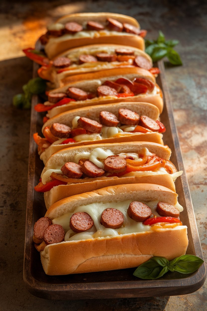 Indoor photo of hoagie rolls filled with sliced sausage, sautéed peppers, and onions, cheese melted on top; no text or logos.