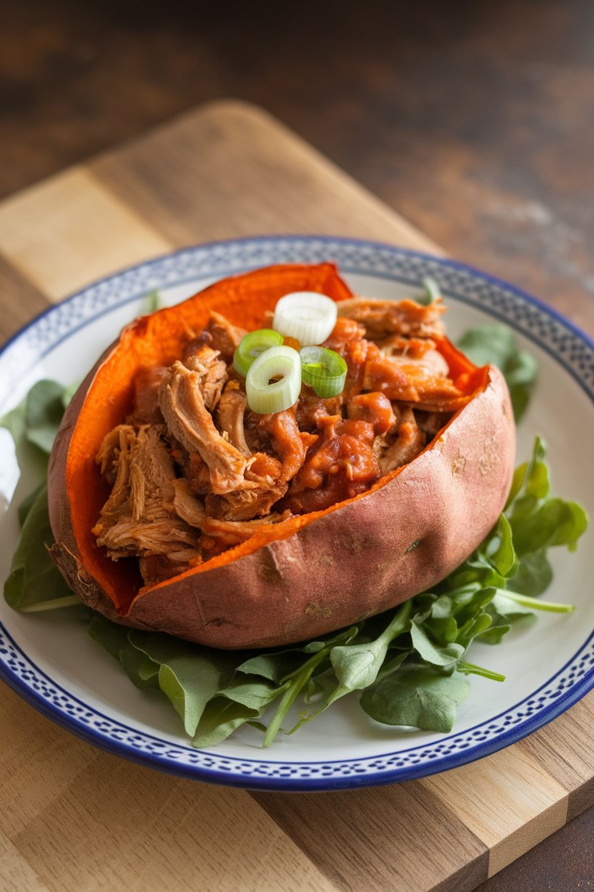 Indoor dinner plate featuring a roasted sweet potato split open and filled with saucy pulled chicken, topped with sliced green onions. No logos or text present.
