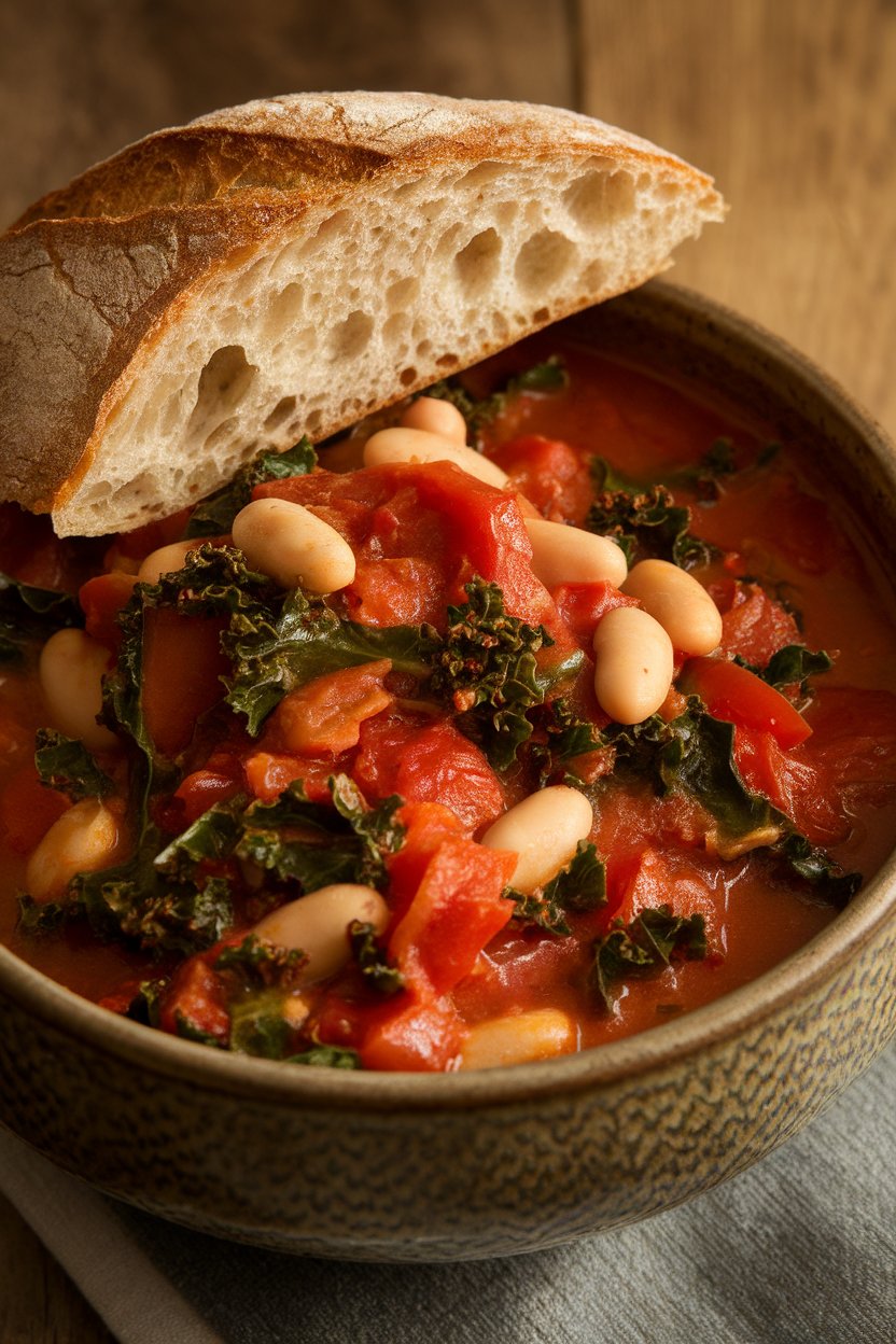 A rustic indoor bowl of thick tomatoey stew filled with kale ribbons and cannellini beans, piece of crusty bread on rim. No text or logos. Photo.