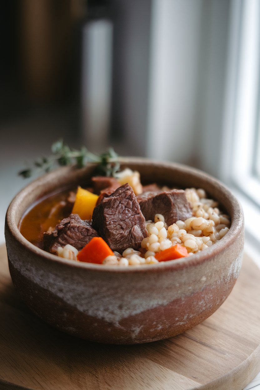 Photo taken indoors of a rustic stoneware bowl filled with hearty chunks of beef, pearled barley, and diced root vegetables in a rich brown broth; soft natural light from a nearby window. No visible text or logos.