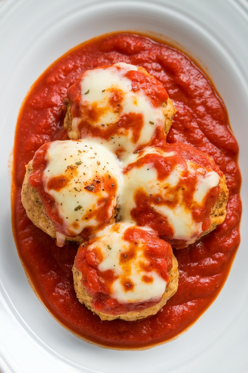 Indoor photo of chicken meatballs nestled in marinara, topped with melted mozzarella and parmesan, lightly browned. No text or logos.