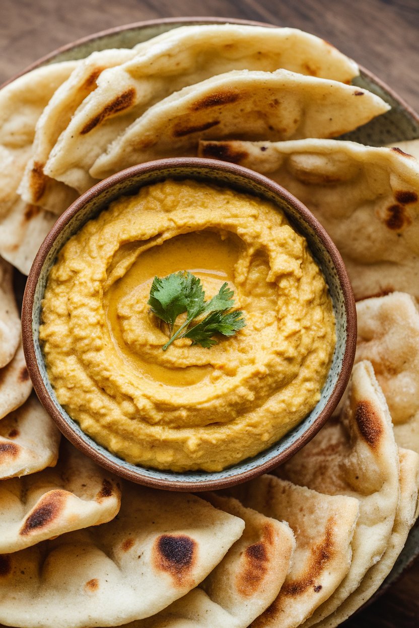 Photo prompt: Indoor bowl of creamy yellow coconut curry chickpea dip, naan wedges arranged alongside. No logos or text. Photo, not illustration.